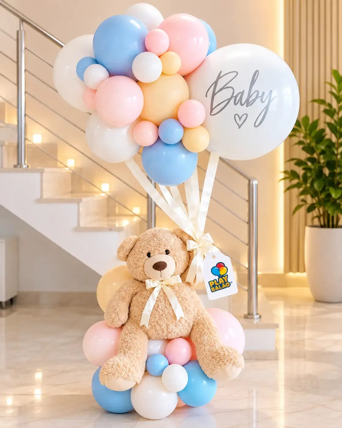 Arranjo de balões em tons pastel com urso de pelúcia