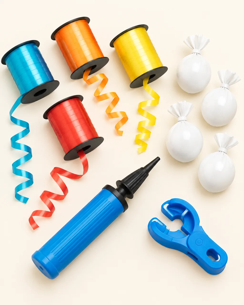 Fitilhos coloridos, pesos de balão e inflador manual sobre fundo claro